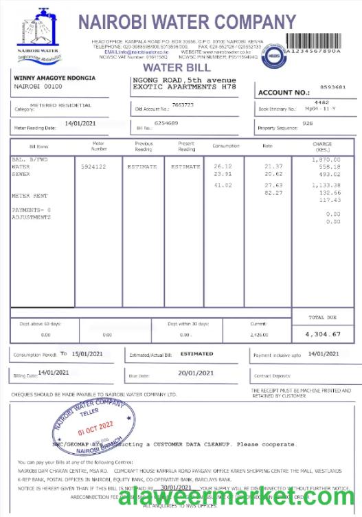 KENYA NAIROBI WATER utility bill Word and PDF template